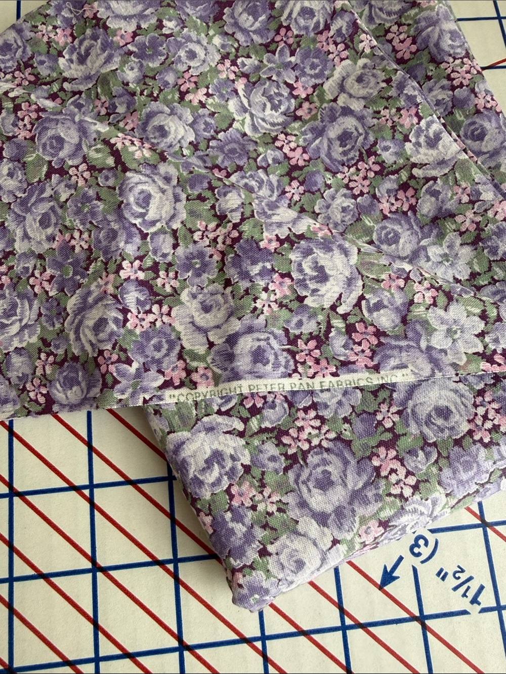 Vintage Peter Pan Fabrics Cotton 1 Yard Purple Rose Floral 44” Cottage
